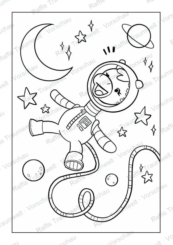 Ausmalseite: Raffi im Astronautenanzug zwischen Sternen und Planeten