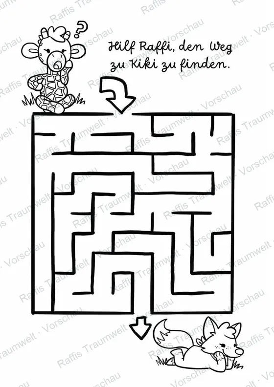 Mitmachseite: ein Labyrinth mit der Aufgabe, Raffi den Weg zu ihrer Freundin Kiki zu zeigen