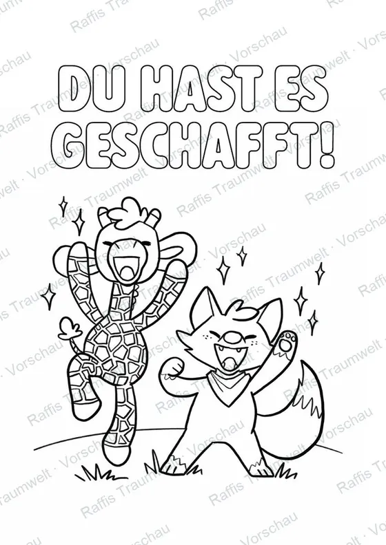 Ausmalseite: Raffi und der Fuchs freuen sich, darüber steht „Du hast es geschafft“
