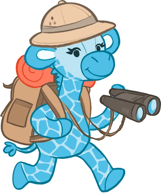 Raffi, eine blaue Giraffe, schaut mit einem Fernrohr in die Ferne